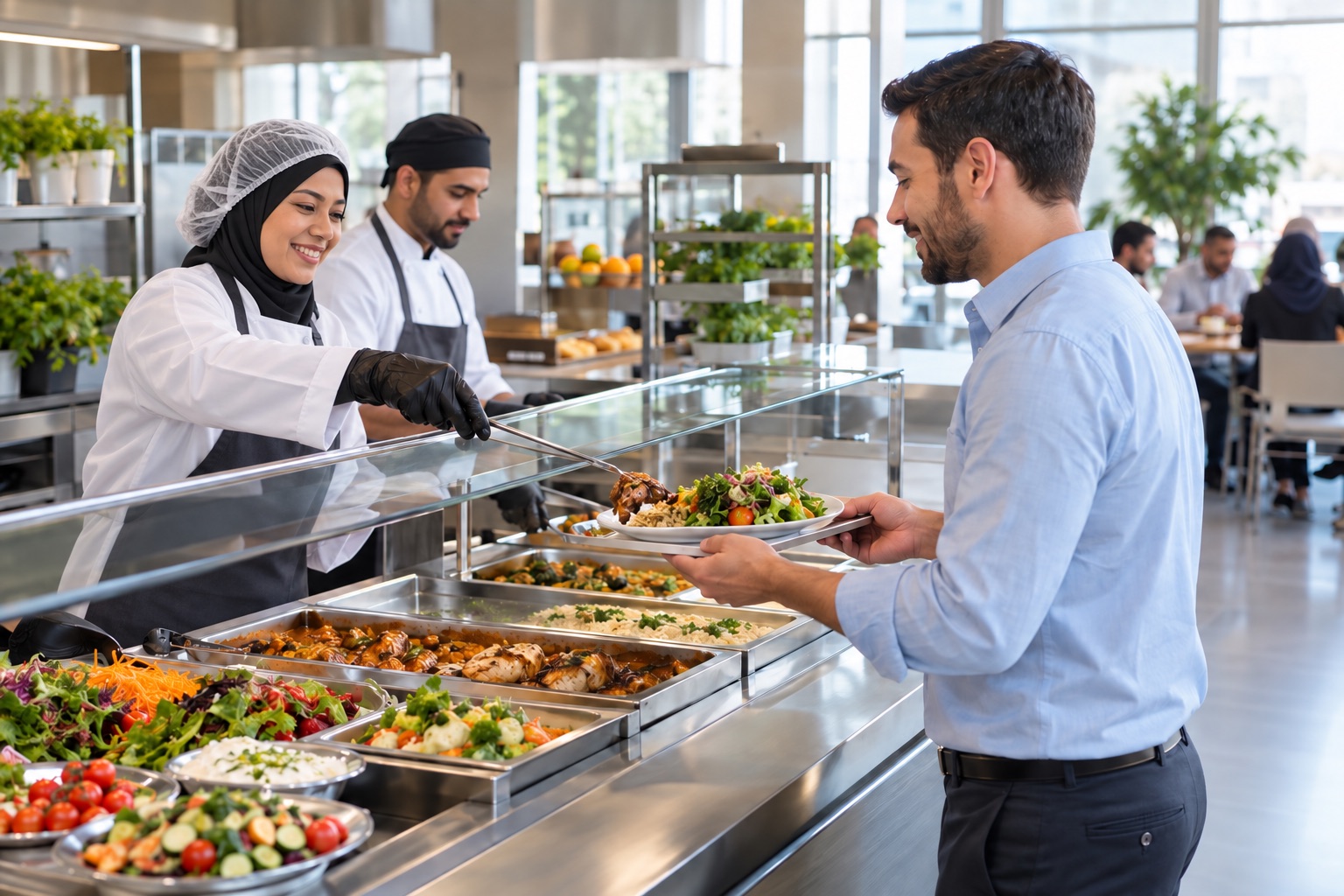 A Qatayfna-style foodservice team serving a fresh workplace lunch