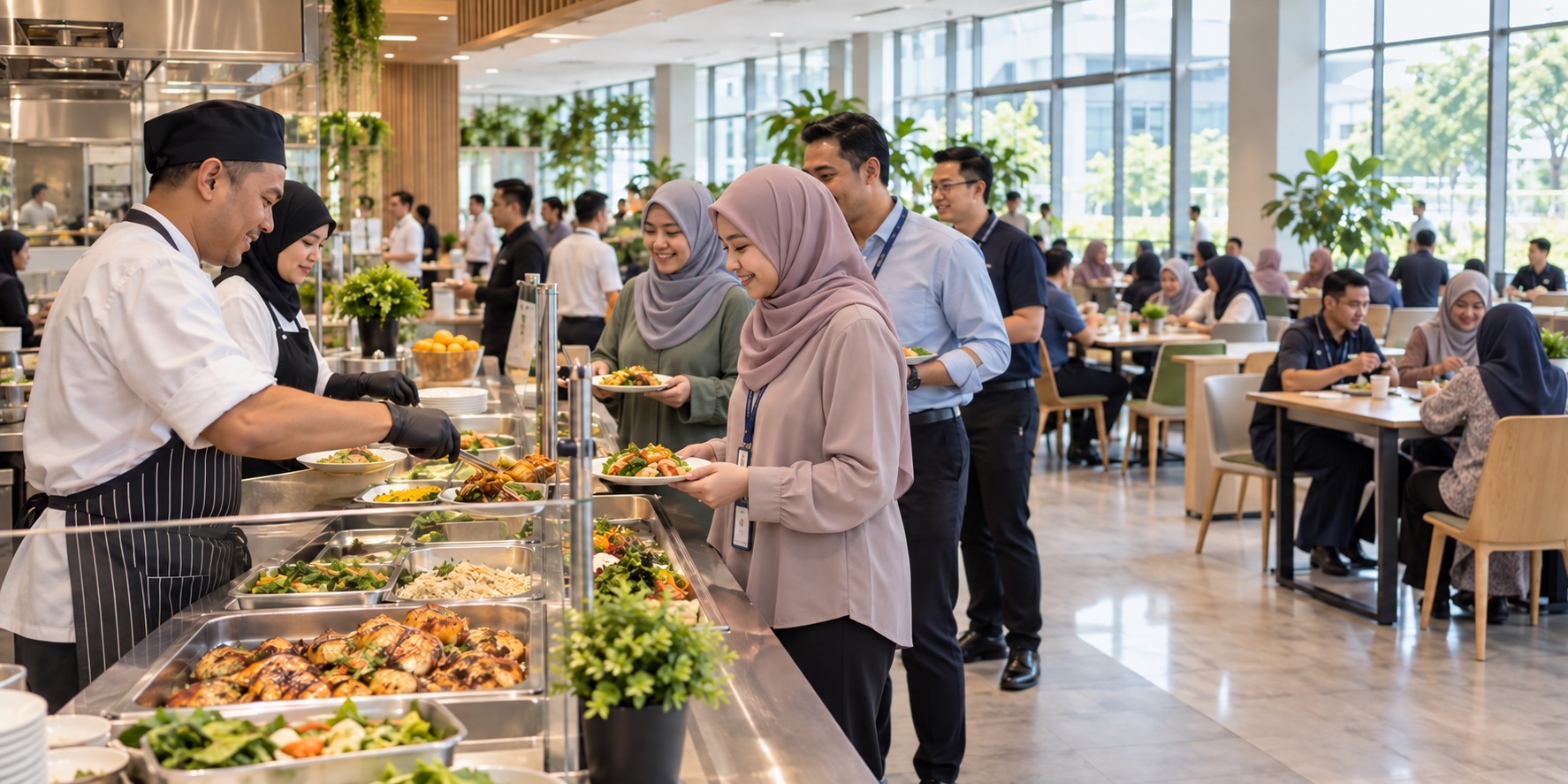 A professional team serving lunch in a bright workplace canteen