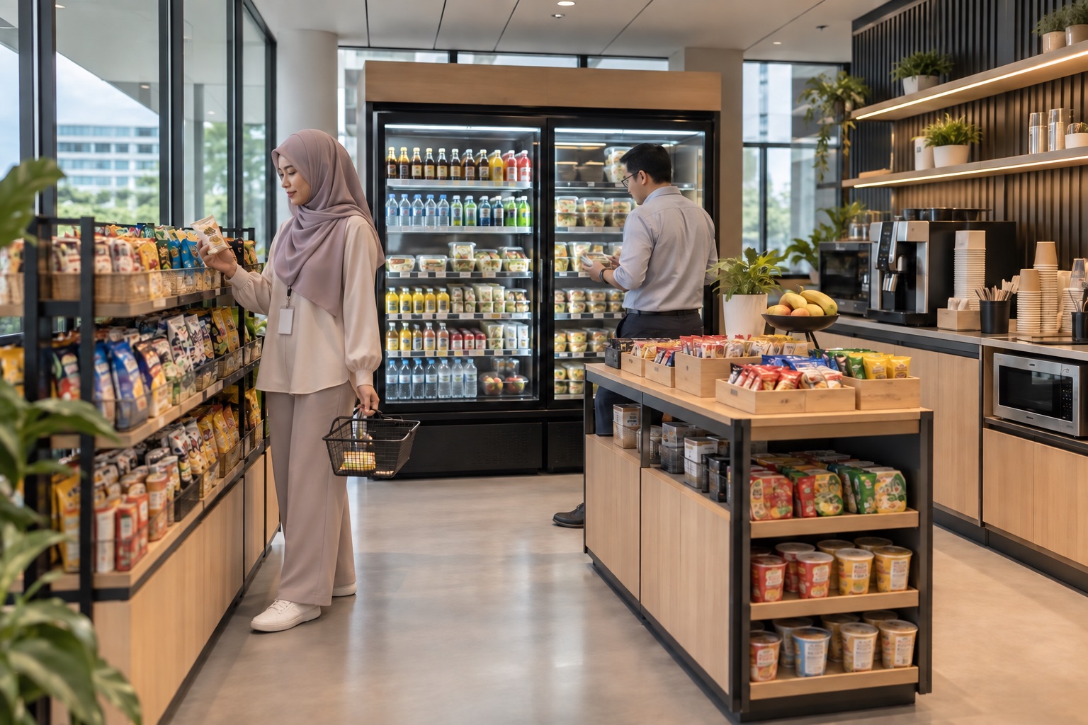 A modern workplace convenience store with fresh food, drinks, and daily essentials